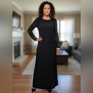 MARINA Black Long Sleeve Dress with Embellished Sleeves